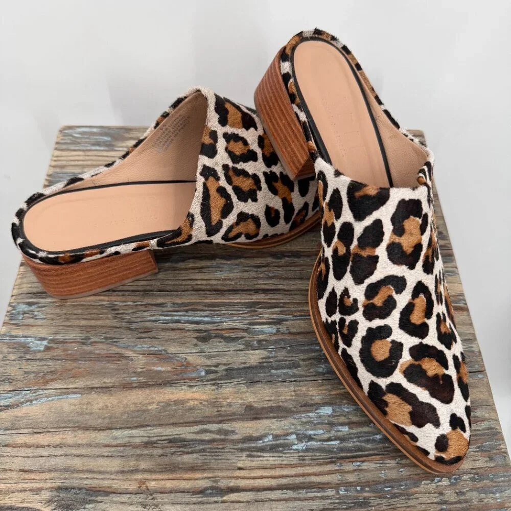 ABLE Local+Global Leopard Hair On Leather Mules Women’s 9.5 Block Heel Slip On - Picture 4 of 9